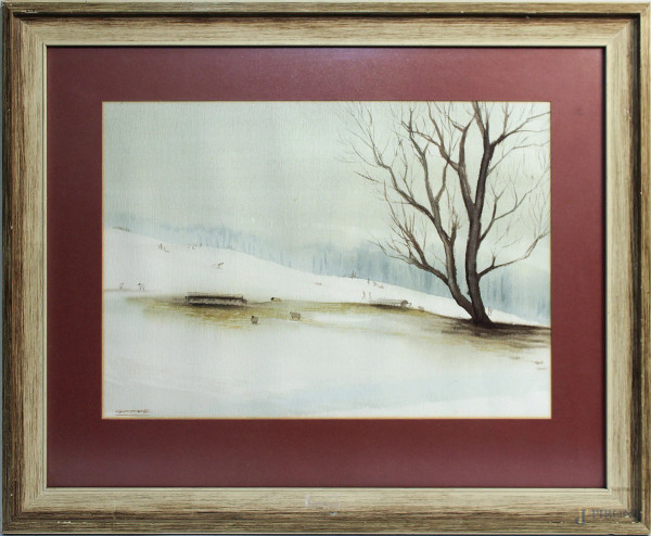 Paesggio invernale, acquarello su carta 35x50 cm, firmato, entro cornice.