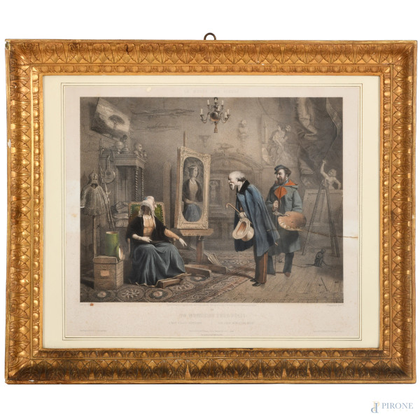 Un Monsieur tres poli!, stampa, XIX secolo, cm 48,5x60 compreso passepartout entro cornice, (foxing, piccole lacune, lacerazoni)