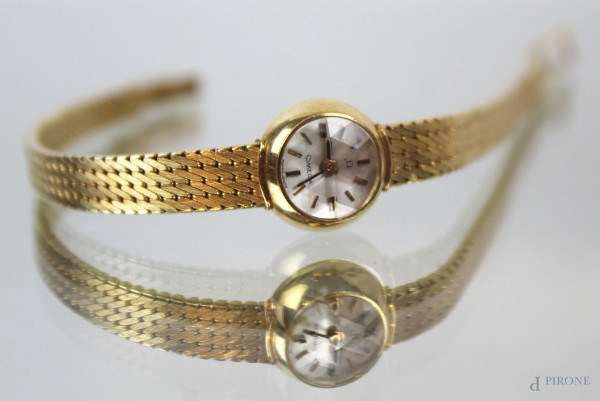 Omega, orologio in oro 750, da polso da donna, lunghezza cm 18, peso tot. gr.24,9, (meccanismo da revisionare).