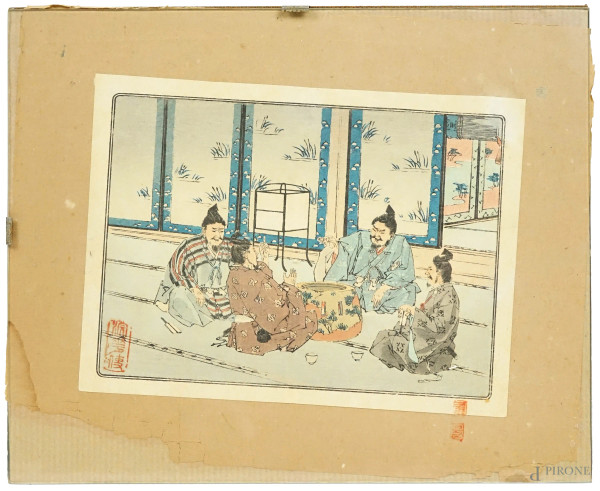Interno con quattro uomini seduti, multiplo a colori recante timbro, cm 16x22, arte orientale, XIX secolo.