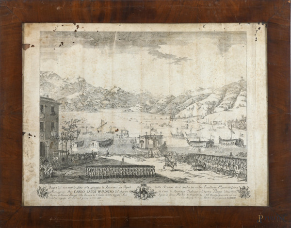 Incisione raffigurante Ricevimento di Monsignor Carlo Luigi Buronzo, XVIII-XIX secolo, cm 56x72, entro cornice(segni di usura, difetti, gore, foxing, tracce di umidità, segni di piegature, lacune, rotture, strappi)