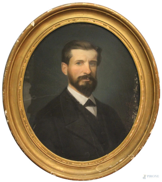 Ritratto di gentiluomo, pastello su carta ad assetto ovale, firmato, cm 63 x 52, entro cornice, macchie e difetti sulla carta.