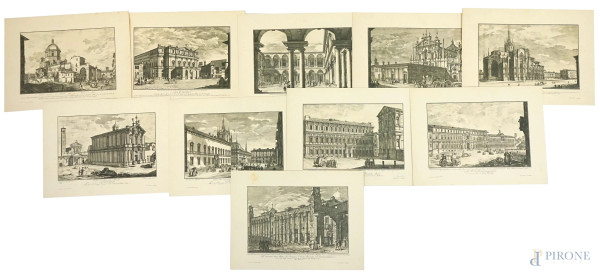 Lotto di dieci stampe raffiguranti palazzi ed chiese della città di Milano, Omaggio del Banco Ambrosiano, cm 33,5x24,5 , XX secolo, (macchie e difetti).