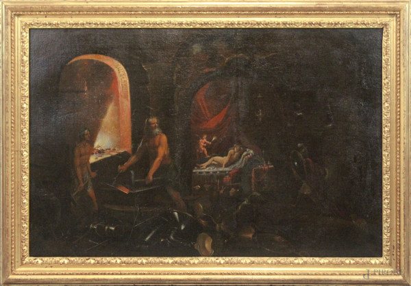 Attr. a Joseph Heintz il Giovane (Augusta, 1600 circa – Venezia, 1678), Venere e Marte nella fucina di Vulcano (Allegoria del Fuoco), olio su tela, cm 70x100, entro cornice.