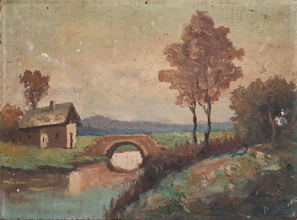 Paesaggio fluviale con casa e ponticello, olio su tavola, cm 39x28