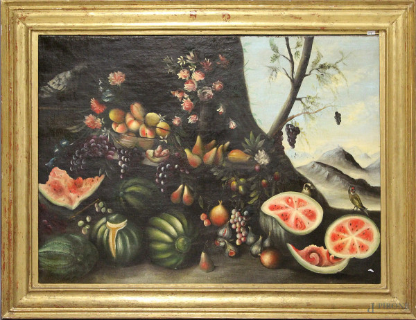 Natura morta,frutta e fiori,olio su tela 70x100 cm,in cornice.
