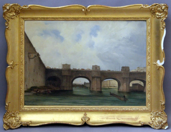 Fiume con ponte, olio su tela firmato e datato 1840, cm 42 x 58, entro cornice.