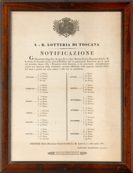 I. e R. Lotteria di Toscana Notificazione giornate e città di Estrazioni, 1831, cm 42x30 entro cornice