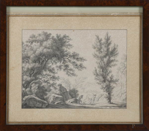 Christoph Heinrich Kniep (1755 – 1825), Contadino con bue a riposo, grafite su carta, cm 24x28,5, entro cornice, (foxing, tracce di umidità, segni di usura)