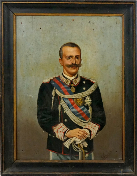 Vittorio Emanuele III, olio su tavola, cm 84x65, firmato G.Persico, entro cornice, (difetti).