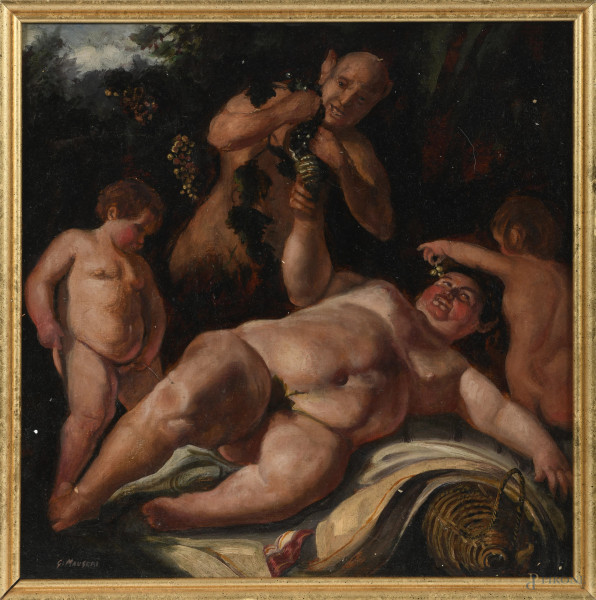 Sileno ebbro, XX secolo, olio su cartone, cm 39x40, firmato in basso a sinistra, entro cornice, (segni di usura, abrasioni, difetti)