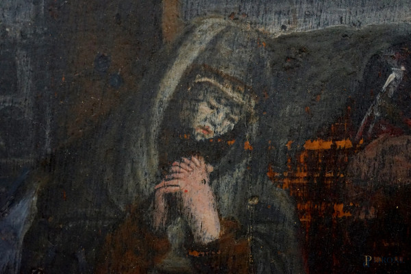 Deposizione di Cristo, antico dipinto ad olio su tavola, cm 25x20, entro cornice, (difetti)