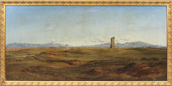 Campagna romana con Torre S. Giovanni, olio su tela, cm 55,5x119, inizi XX secolo, entro cornice, (piccole cadute di colore)