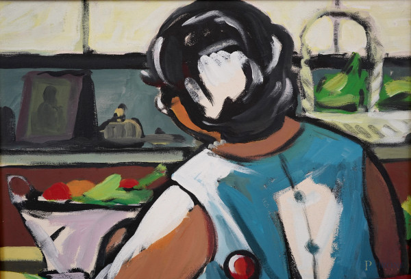 Achille Sdruscia (Roma 1910 - 1994), Donna seduta, olio su tela, cm 70x60, entro cornice