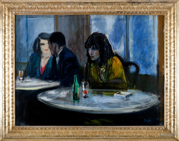 Alberto Sughi (Cesena, 1928 - Bologna, 2012), Al Caffè, 1986, tecnica mista su tela, cm 58x78,5 entro cornice,(difetti)