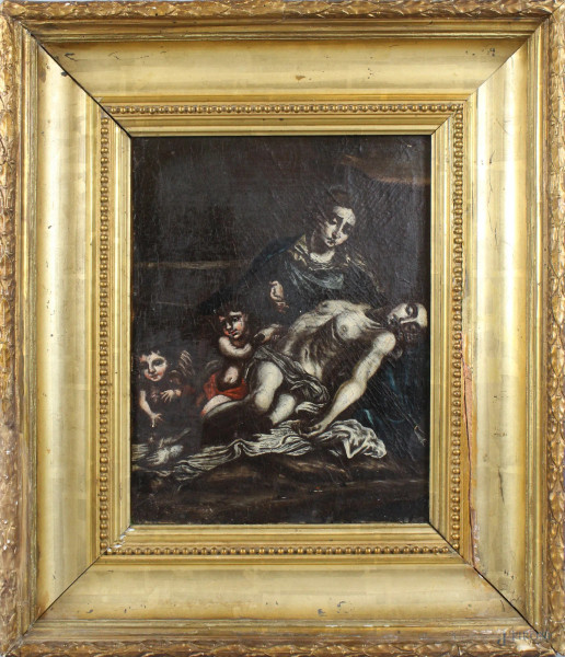 La Piet&#224;, olio su tela riportata su tavola, cm. 34,5x25, XIX secolo, entro cornici.