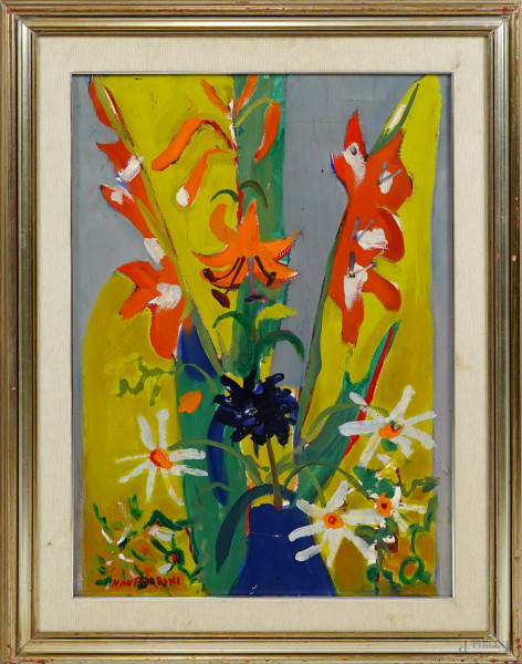 Fiori, olio su tela, firmato in alto a destra, cm 70x50, entro cornice