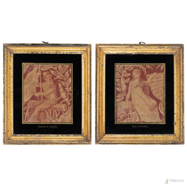 Lotto di due stampe su tela, "American Sailor" e "Hail Columbia", XX secolo, cm 18,5x14,5, entro cornice, (segni di usura, tracce di umidità)