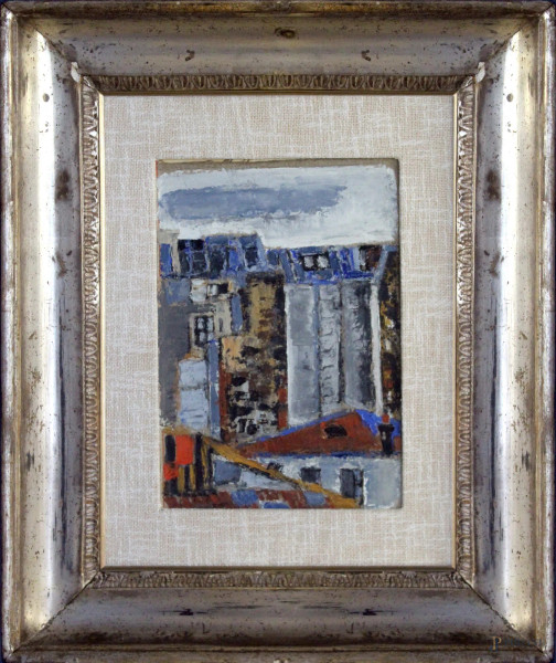 Orfeo Tamburi - Tetti di citt&#224;, olio su tela riportato su tavola, cm 22 x 32, entro cornice.