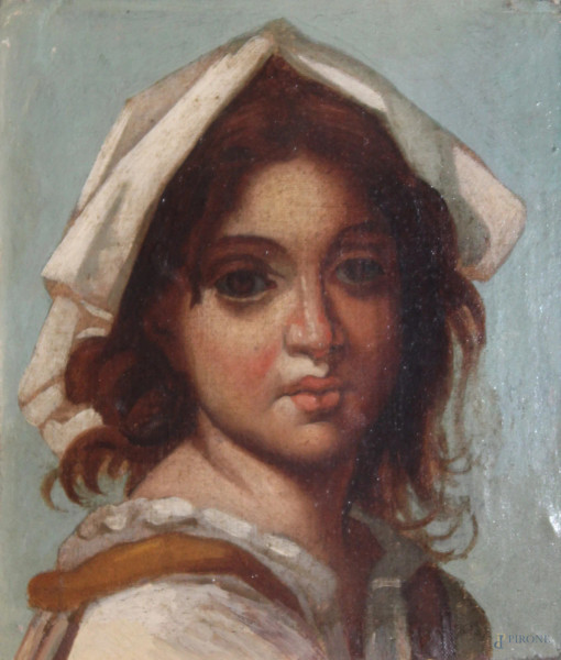 Ritratto di popolana, olio su tela, 19x17cm, entro cornice, Pittore del XIX sec.