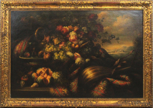 Natura morta-frutta, mandolino e tappeto, olio su tela, cm 80x120, XX secolo, entro cornice