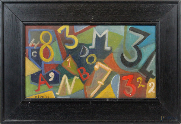 Senza titolo, olio su cartone telato, cm 18,5x34,5, firmato, entro cornice, (piccole cadute di colore).