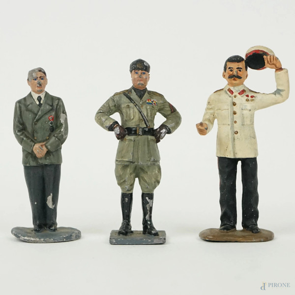 I tre dittatori del '900, lotto composto da tre soldatini in piombo, cm h 6,5, (difetti)