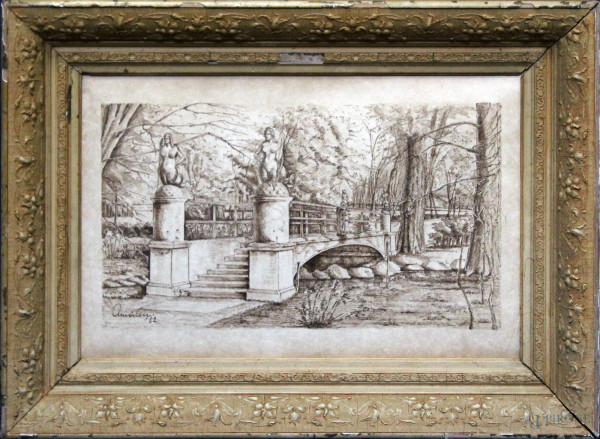 Scorcio di parco con ponte, disegno a china firmato e datato, cm 60 x 34, entro cornice.