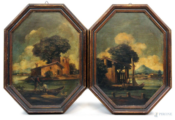 Coppia di paesaggi, olio su tavola, cm 45,5x32,5, ad assetto ovale, inizi XX secolo, entro cornici.