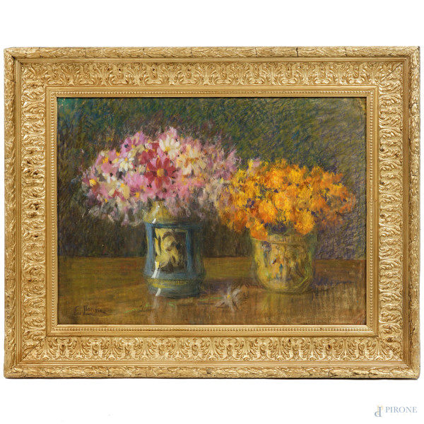 Natura morta con vasi di fiori, pastello su cartone, firmato, cm 48,5x63, entro cornice