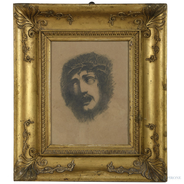 Cristo coronato di spine, XIX secolo, grafite su carta, entro cornice, cm 29,5x23, (lievi segni di usura)