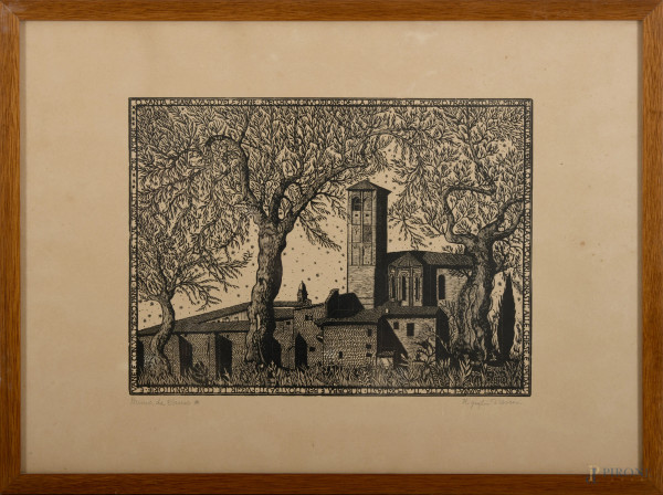 Bruno da Osimo (1888-1962), Il giglio di Assisi, xilografia, cm 42x58, entro cornice, (difetti)