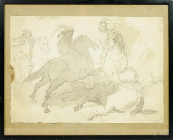 Artista del XIX secolo, Scena di battaglia, acquarello, cm 31,7x46, entro cornice