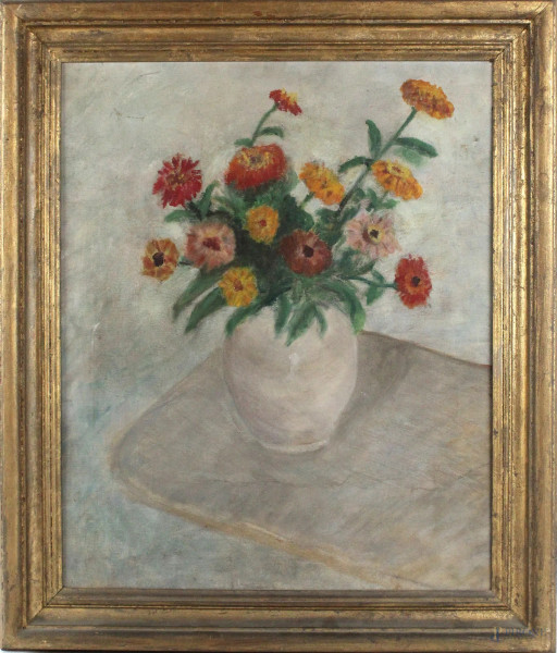 Vaso di fiori, olio su tela, cm. 55x46, XX secolo, entro cornice.
