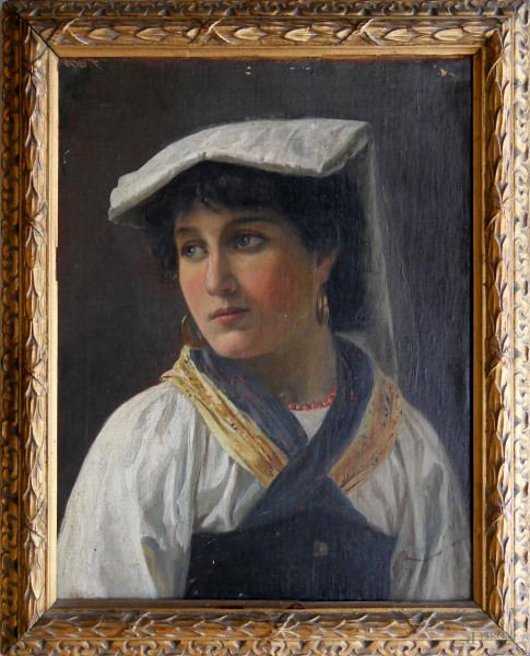 Ritratto di ciociara in abito tradizionale, olio su cartone telato, firmato in basso a destra, cm 36x45, entro  cornice