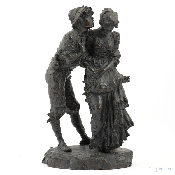 Francesco De Matteis (1852-1917), Corteggiamento, scultura in bronzo, altezza cm 32, firmato alla base, (lievi segni di usura)