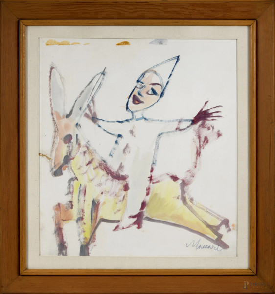 Mino Maccari (Siena, 1898 - Roma, 1989), Figura su asino, tecnica mista su carta, cm 60x65 entro cornice