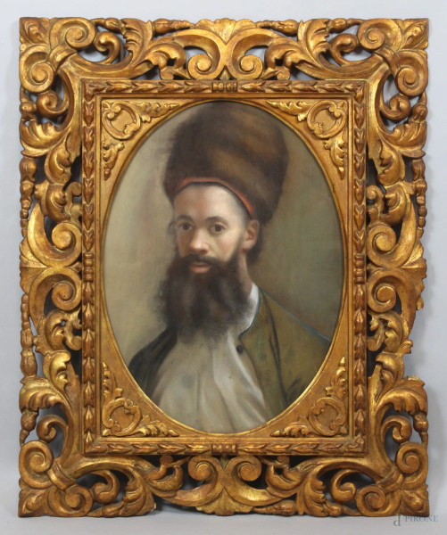 Ritratto d&#39;uomo con colbacco, pastello su carta 61x48 cm, XIX sec, entro cornice.