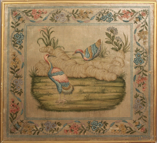 Pannello ad olio su tela raffigurante volatili, entro decorazioni floreali, 95x102 cm.