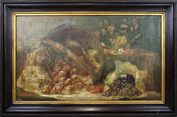 Natura morta-frutta, olio su legno, cm 70x120, XX secolo, entro cornice.