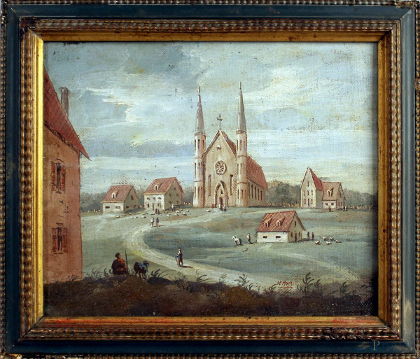 Paesaggio con chiesa, olio su tela riportata su cartone, cm. 25x30, firmato entro cornice.