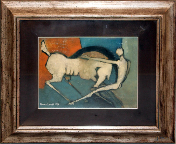 Bruno Landi - Figura con cavallo, olio su tela, cm 30x40, entro cornice.