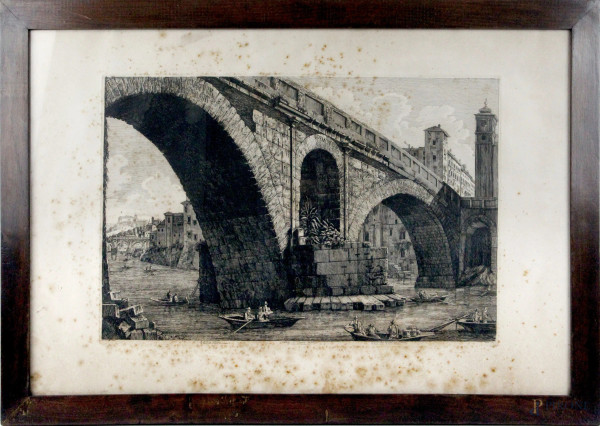 Luigi Rossini - Veduta del Ponte Fabrizio, acquaforte, cm 49x74, entro cornice