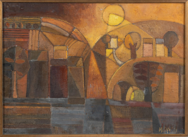 Casa in collina, XX secolo, olio su tela applicata su compensato, cm 56x81,5, firmato in basso, entro cornice