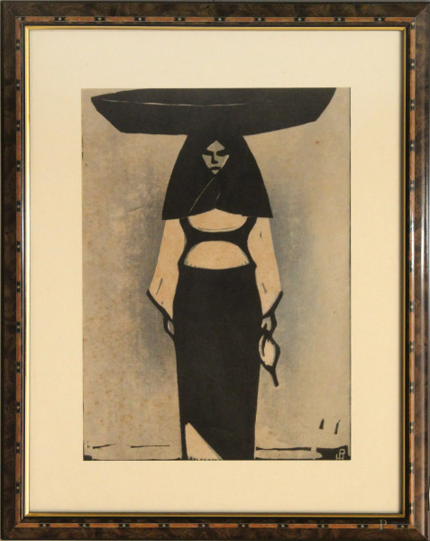 Paule Hans - Figura, tecnica mista su carta 38x27 cm, entro cornice.