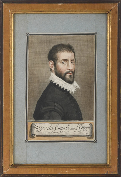 Lotto di 8 stampe con ritratti di artisti, XIX secolo, carta applicata su carta, cm totali 39x24,...