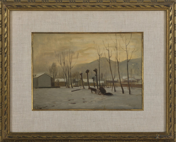 Paesaggio innevato, XX secolo, olio su cartone, cm 23x31, firmato in basso a sinistra, entro cornice