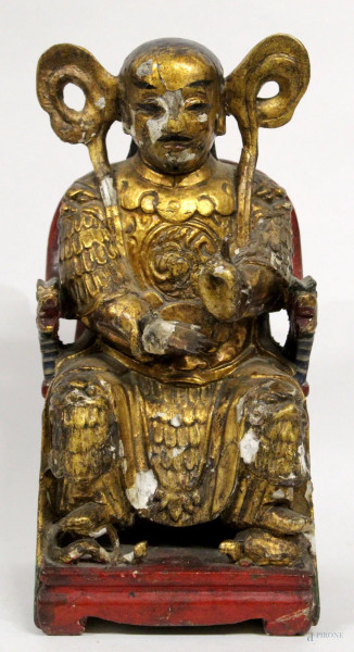 Budda seduto scultura in legno dorato e laccato, H 30 cm, arte orientale, XIX sec., (cadute di colore).