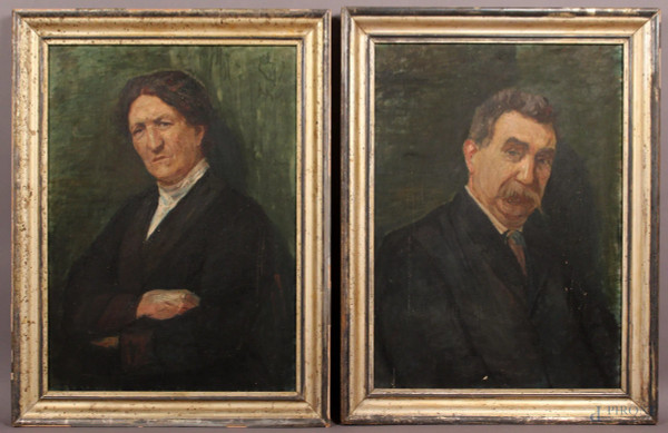 Coppia di ritratti Lui e Lei, olio su tela, primi &#39;900, cm. 71x52, entro cornice.