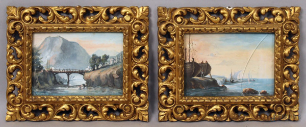 Coppia gouaches, raffiguranti marina con imbarcazioni ed un paesaggio con ponte, cm. 13x18, entro cornici.